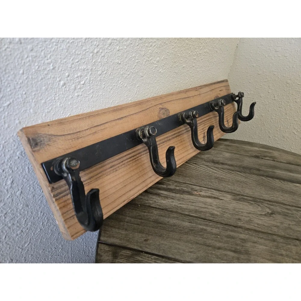 Rustic Farmhouse Wood 5 Hanger Wall Hook with Industrial Black Metal Hardware